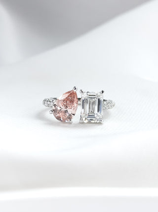 1.50cts Pink Pear & 2.00cts Emerald Open Toi Et Moi Ring